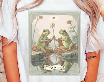 Camiseta de la carta del tarot de la rana, Los amantes, estilo cottagecore Goblincore, Colores cómodos