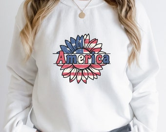 American Flag Sunflower Sweatshirt, 4th of July Patriotic Graphic
