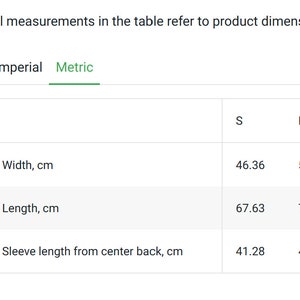 Pode incluir: Tabela de tamanhos para uma pe&ccedil;a de roupa com medidas em cent&iacute;metros para a largura, o comprimento e o comprimento da manga a partir do centro das costas. Os tamanhos variam do S ao 3XL.