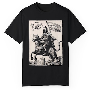 Medieval Knight Rider T-shirt, Cat lover Tee, Unisex Comfort Color, Funny Cat, Meme Tee, Grimdark, Gift For Him, Fairycore, Retro 90s Tee