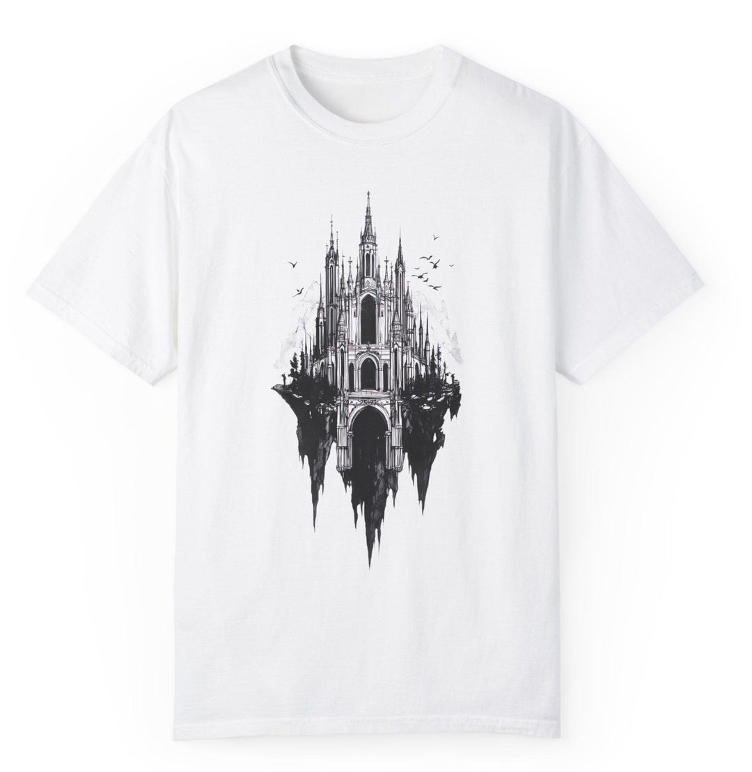Gothic Castle T-shirt, Floating Castle Fantasy Tee, Black and White ...