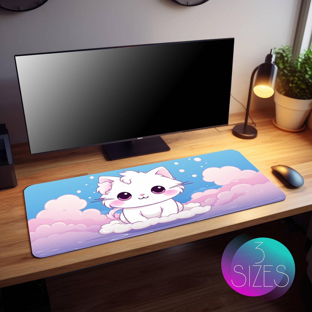 Cute Kawaii Cat Desk Mat - Gaming Mouse Pad, Large Mousepad, Stitched ...