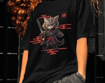 May include: Black t-shirt with a graphic of a cat holding a sword. The cat is wearing a red sash and has a black and white striped pattern. The graphic is surrounded by red and white Japanese-style clouds.