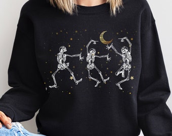 Tanzende Skelette Sweatshirt, Celestial Pullover, Witchy vibes, Sterne und Mond