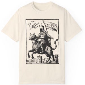 Medieval Knight Rider T-shirt, Cat lover Tee, Unisex Comfort Color, Funny Cat, Meme Tee, Grimdark, Gift For Him, Fairycore, Retro 90s Tee