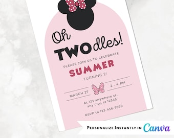 May include: Pink and white birthday invitation featuring a black and red cartoon mouse head. The invitation reads "Oh Twoodles!" and "Please join us to celebrate Summer turning 2!" with a date and time.