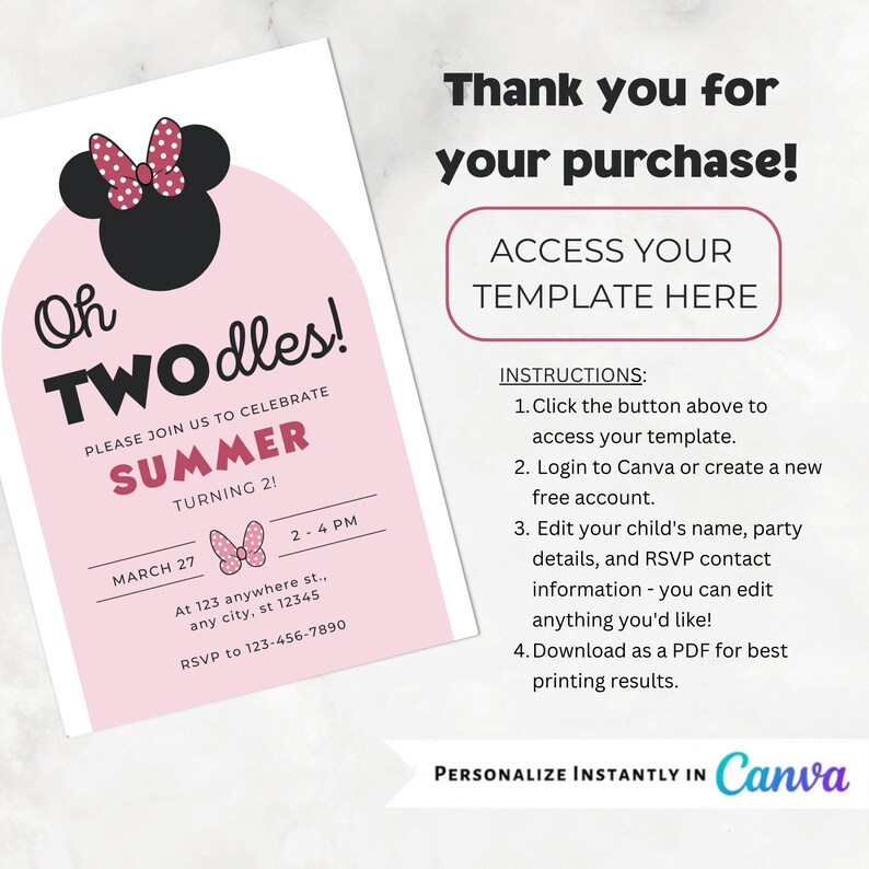 Minnie Mouse Invitation, Minnie Mouse 2nd Birthday Invitation Printable, Oh Twodles Invite, Girl Minnie Mouse Invite, INSTANT DOWNLOAD image 2