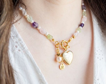 Gold Plated Customized Gemstone Necklace, Dainty Amethyst and Pink Quartz Jewelry, Initial Necklace, Personalized Heart Charm Necklace