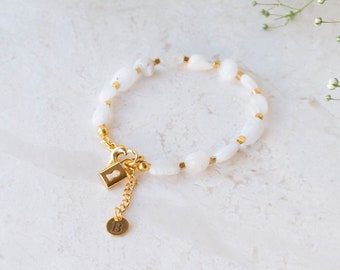 Gold Plated Initial Bracelet with Moonstone Bead, Dainty Gemstone Bracelet, Minimalist Moonstone Bracelet, Spiritual Bracelet