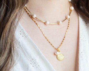 Gold Filled Pearl and Seashell Necklace Set, Dainty Pearl Necklace, Minimalist Gold Jewelry, Seashell Necklace, Everyday Necklace