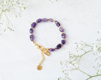 Gold Plated Initial Bracelet with Amethyst Stone, Amethyst Gemstone Bracelet, Minimalist Woman Bracelet, Dainty Everyday Jewelry