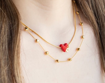 Girocollo a strati placcato oro e cuore in vetro di Murano, gioielli di fascino del cuore, collana a strati delicati, collana minimalista in vetro di Murano