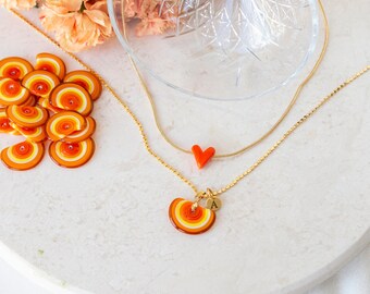 Initial Murano Glass Necklace Set, Dainty Heart Jewelry, Customized Orange Necklace, Murano Glass Pendant, Minimalist Jewelry Set