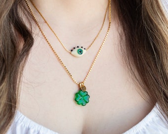 Gold Plated Green Four Leaf Clover Necklace, Evil Eye Glass Necklace, Necklace Set for Woman, Dainty Glass Jewelry, Everyday Necklace