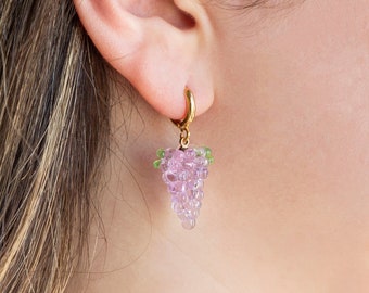 Murano Glass Lilac Grape Dangle Earring for Women, Gold Filled Grape Earrings, Fruit Murano Earring Jewelry, Cute Earrings