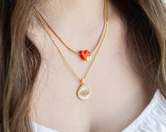 Gold Plated Orange Heart and Evil Eye Necklace Set, Minimalist Glass Necklace, Heart Necklace for Woman, Dainty Gold Jewelry