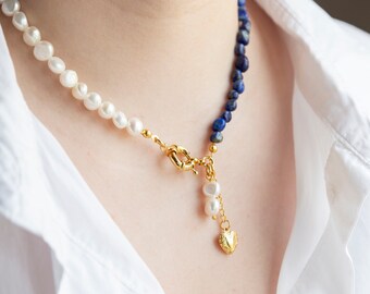 Gold Filled White and Navy Blue Beaded Choker, Dainty Heart Necklace, Pearl and Lapis Lazuli Stoned Jewelry, Gold Plated Gemstone Necklace