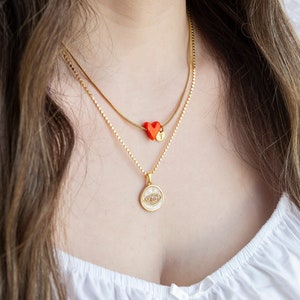 Gold Plated Orange Heart and Evil Eye Necklace Set, Minimalist Glass Necklace, Heart Necklace for Woman, Dainty Gold Jewelry image 1