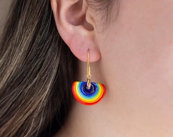 Gold Plated Minimalist Rainbow Earrings, Murano Glass Hoop Earrings, Glass Rainbow Dainty Earrings, Small Glass Earring
