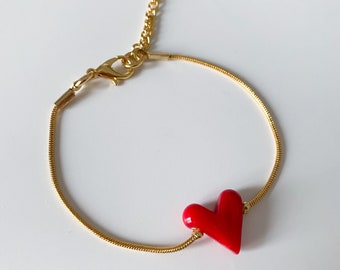 Gold Filled Heart Charm Bracelet, Minimalist Bracelet, Murano Glass Charm Jewelry, Gold Filled Bracelet, Heart Jewelry, Everyday Bracelet
