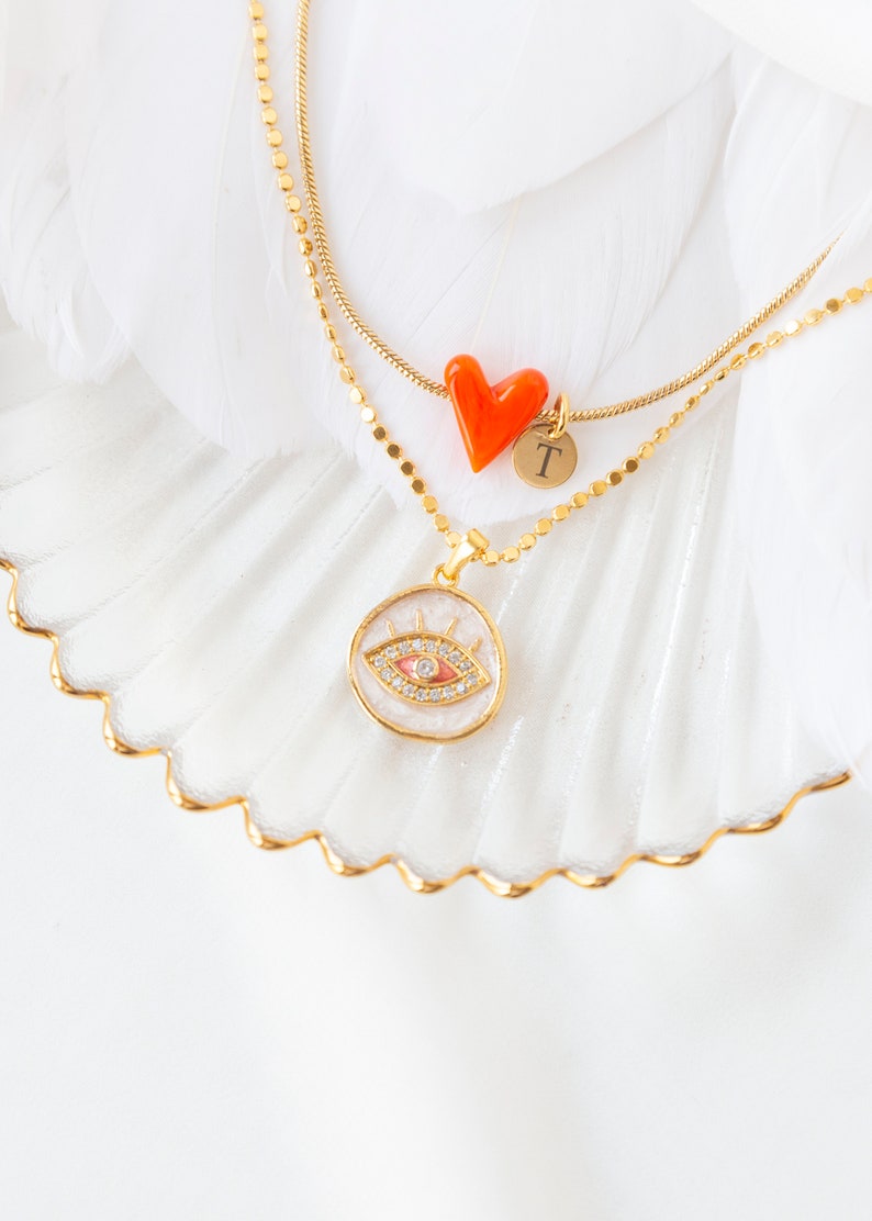 Gold Plated Orange Heart and Evil Eye Necklace Set, Minimalist Glass Necklace, Heart Necklace for Woman, Dainty Gold Jewelry image 2