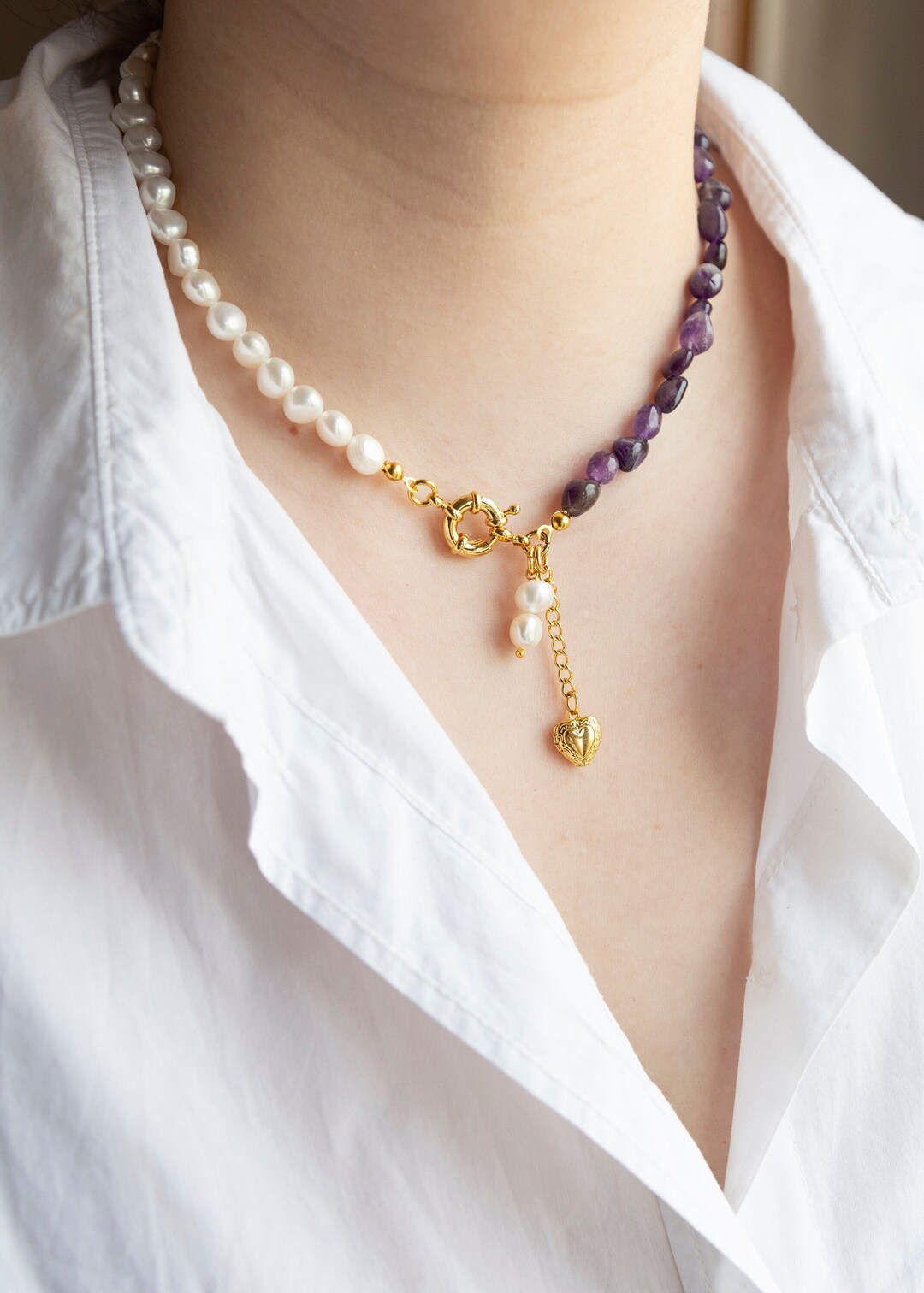 Allie Beads Amethyst and Pearl Necklace