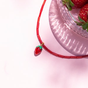 Strawberry Murano Glass Necklace, Glass Strawberry Jewelry, Fruit Beaded Necklace, Minimalist Necklace Women, Dainty Beaded Necklace