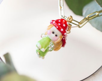Murano Glass Mushroom Doll Necklace, Lampwork Mushroom Pendant, Dolls and Miniatures Jewelry, Handcrafted Gift, Unique Necklace