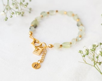 Initial Prehnite Stone Bracelet, Gold Plated Natural Stone Jewelry, Minimalist Gemstone Bracelet, Dainty Simple Jewelry, Crystal Bracelet