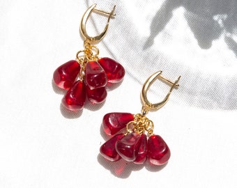 Gold Plated Pomegranate Dangle Earrings - Murano Lampwork Bead, Minimalist Seed Jewelry, Elegant Fruit Inspired Accessories
