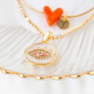 Gold Plated Orange Heart and Evil Eye Necklace Set, Minimalist Glass Necklace, Heart Necklace for Woman, Dainty Gold Jewelry image 3