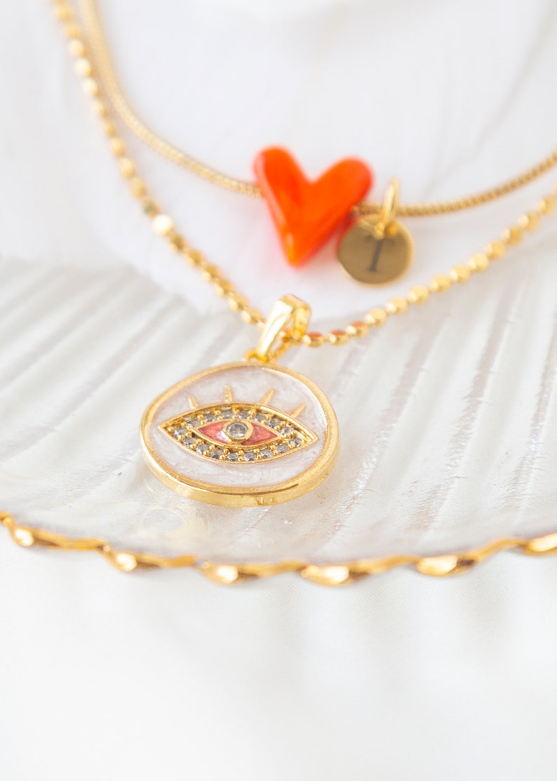Gold Plated Orange Heart and Evil Eye Necklace Set, Minimalist Glass Necklace, Heart Necklace for Woman, Dainty Gold Jewelry image 3