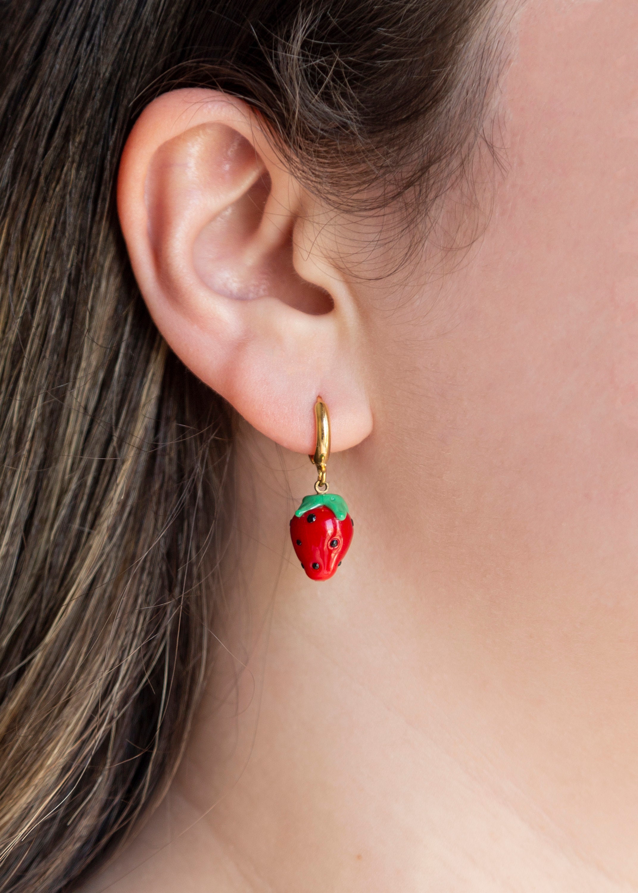 Murano Glass Strawberry Dangle Earring, Gold Plated Fruit Earrings, Strawberry Bead Earring, Cute Everyday Earrings, Murano Jewelry