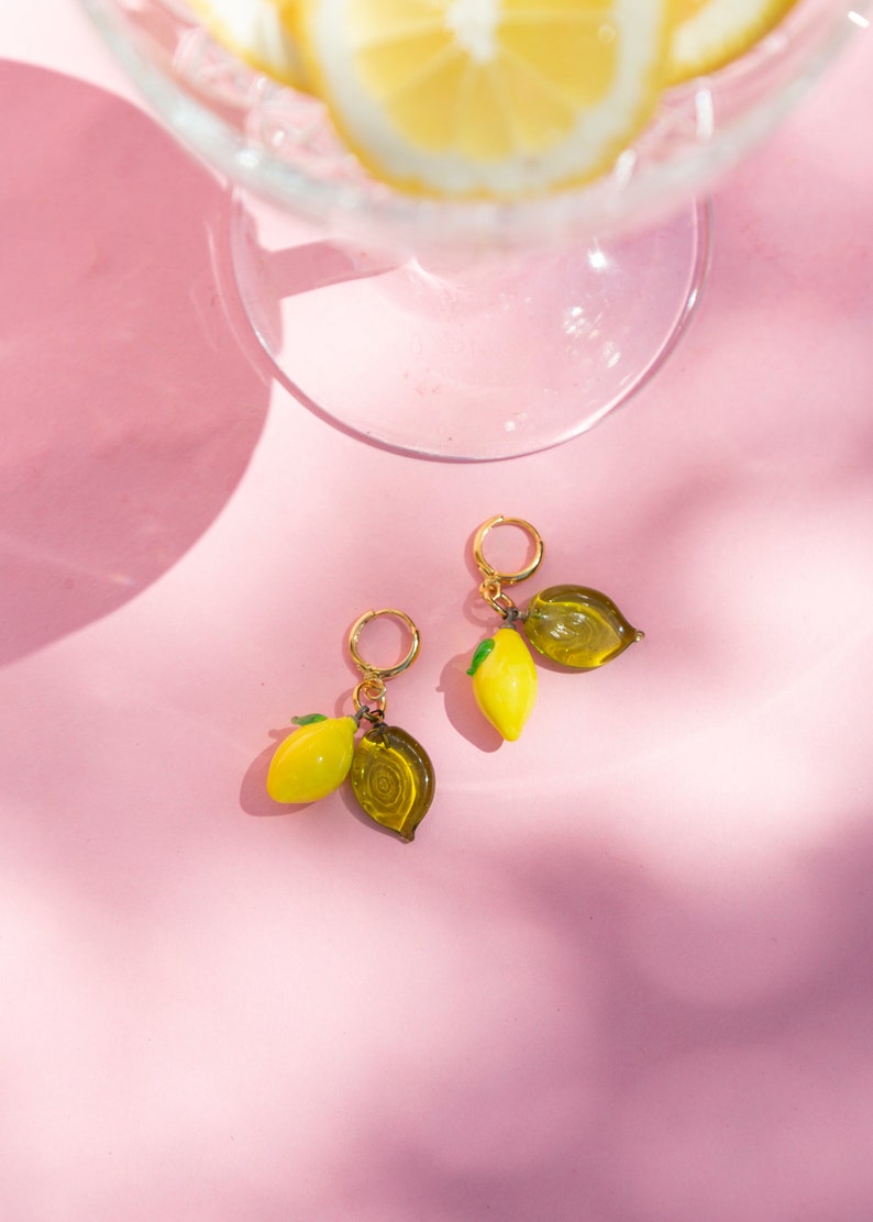 Murano Glass Lemon Dangle Earring, Gold Filled Fruit Earrings, Lemon Bead Earring, Cute Fruit Earrings, Murano Jewelry for Women image 1