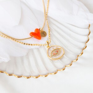 Gold Plated Orange Heart and Evil Eye Necklace Set, Minimalist Glass Necklace, Heart Necklace for Woman, Dainty Gold Jewelry image 4