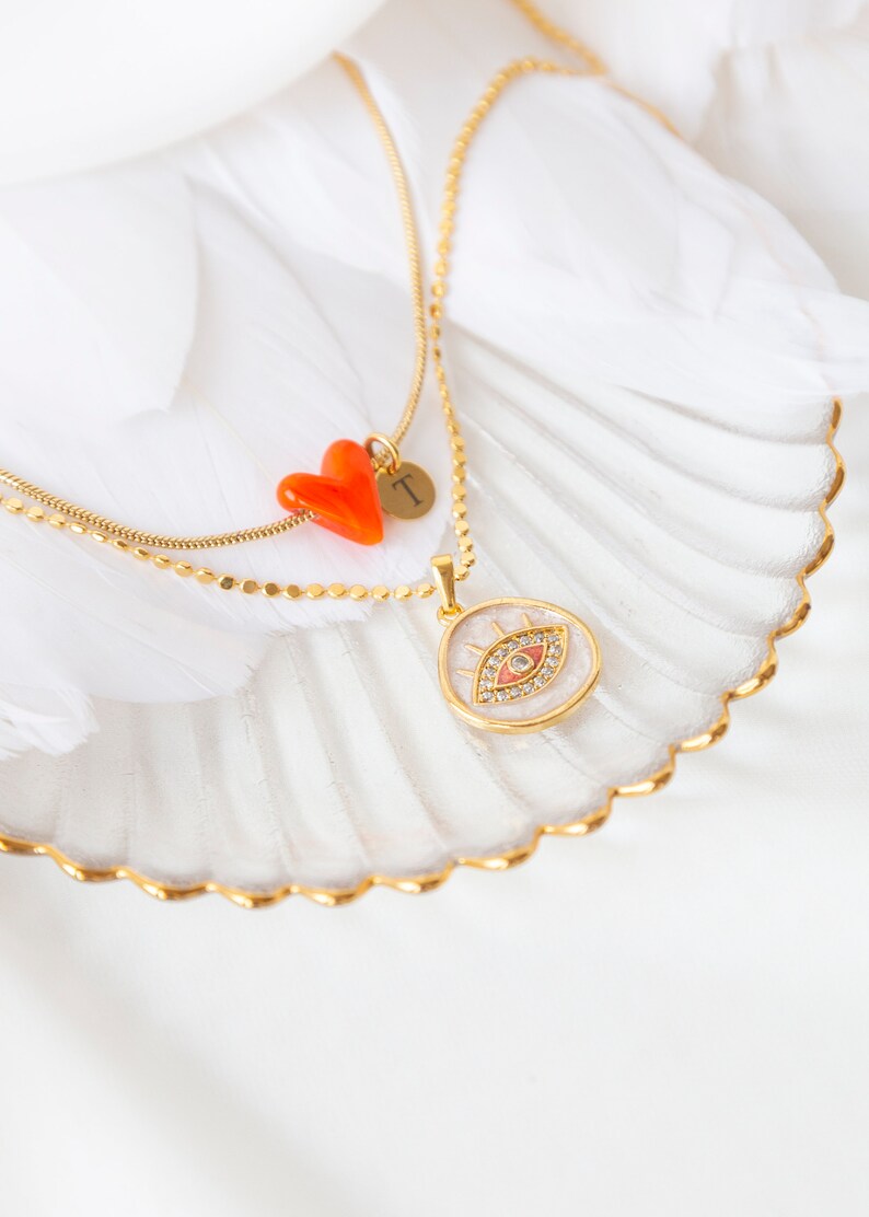 Gold Plated Orange Heart and Evil Eye Necklace Set, Minimalist Glass Necklace, Heart Necklace for Woman, Dainty Gold Jewelry image 4