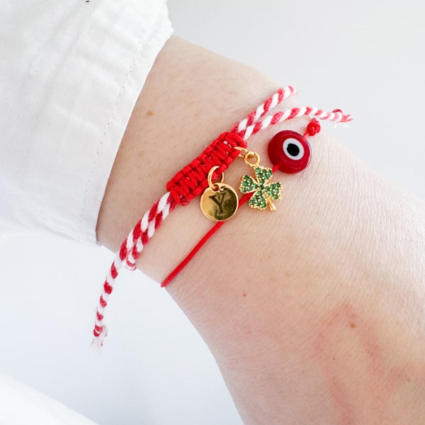 Bracelet Martenitza | Bracelet Martenitza traditionnel bulgare | Bracelet | Bracelet rouge et blanc porte-bonheur printanier | Bracelet trèfle