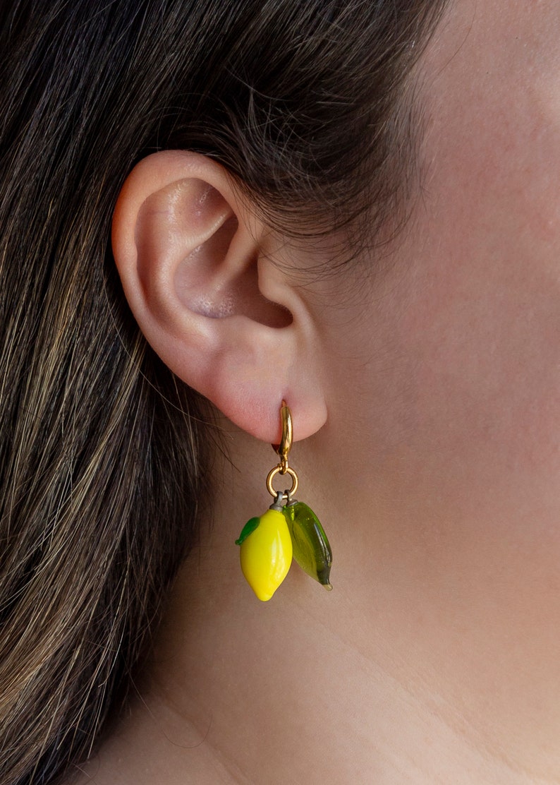 Murano Glass Lemon Dangle Earring, Gold Filled Fruit Earrings, Lemon Bead Earring, Cute Fruit Earrings, Murano Jewelry for Women image 2