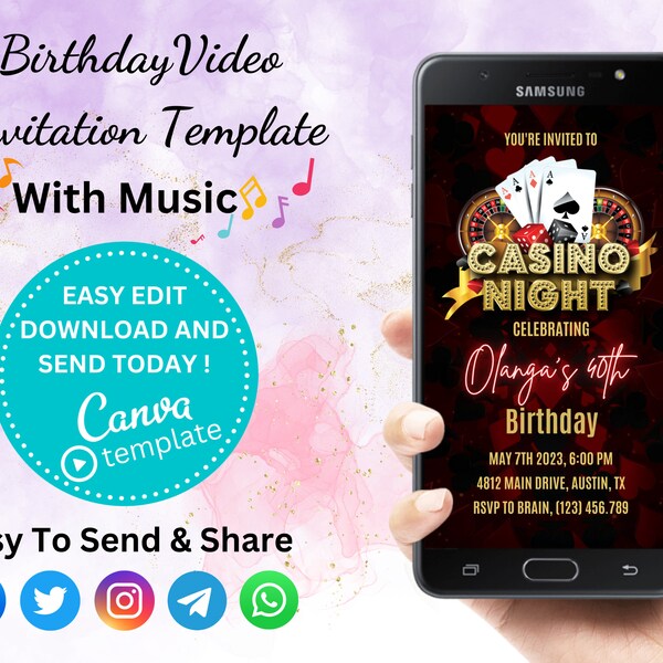 Casino Birthday Invitation Template | Editable Instant Download Invite | Canva Template | Instant Download