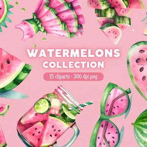 Pink Watermelon PNG, Watermelon Clipart, Summer Watercolor Clip Art, Bundle for Commercial use or card making, scrapbook, junk journal, …