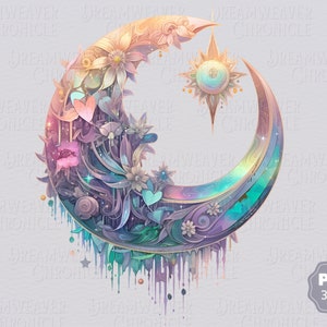 Dreamcatcher Moon PNG, Floral Moon Clipart, Boho Crescent Moon Watercolor Clip Art, Pakiet do użytku komercyjnego lub tworzenia kartek, albumów, …