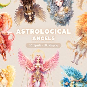 Anges astrologiques PNG, signes du zodiaque Clipart, astrologie Horoscope Clip Art, Bundle pour usage Commercial ou fabrication de cartes, scrapbooking, ...