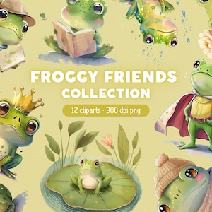 Niedliche Frösche Clipart, Frösche PNG, Kinderbuch Illustration Clip Art, Bundle für kommerzielle Nutzung
