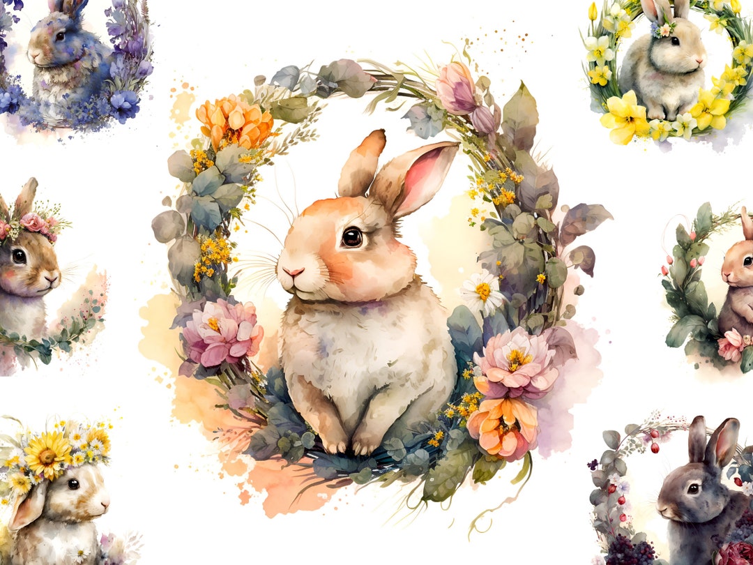 Blooming Bunnies Illustrations, 18 High Quality Jpgs, Cute Rabbit With