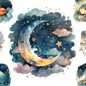 Dromerige nachtelijke illustraties, 16 hoge kwaliteit JPG, schattige dieren slapen digitaal papier, nacht maan clipart, kwekerij ontwerp, knutselen