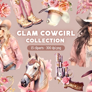 Glam Cowgirl PNG, Wild Western Clipart, Aquarell Clip Art, Bundle für kommerzielle Nutzung oder Kartenherstellung, Scrapbook, Junk Journal, …
