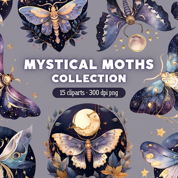 Mystical Moths Clipart, Moth PNG, Moon Celestial Clip Art, Bundle for Commercial use
