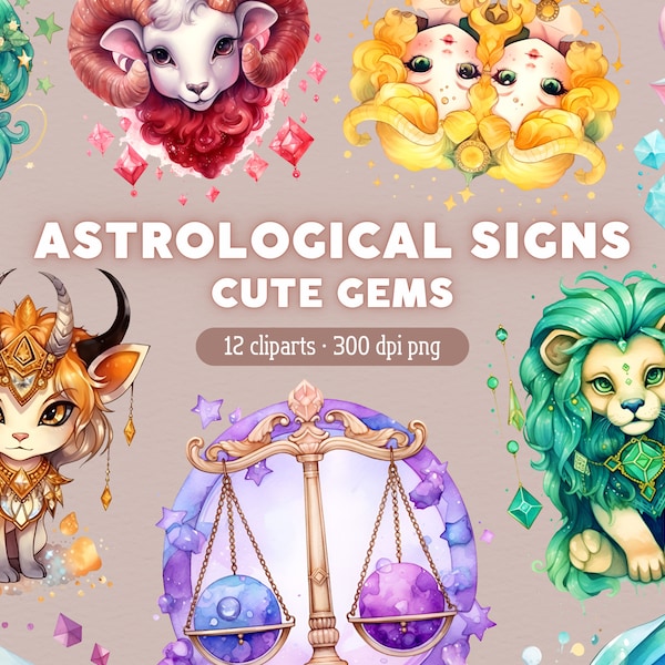 Astrological Sign Cute Gems Collection PNG, Zodiac signs Clipart, Astrology Horoscope Clip Art, Bundle for Commercial use