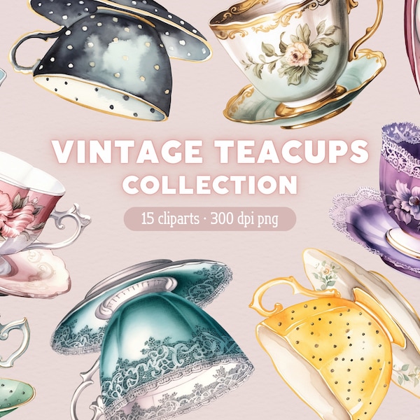 Vintage Teacups PNG, Tea Time Clipart, Watercolor Tea Party Clip Art, Bundle for Commercial use or card making, scrapbook, junk journal, …