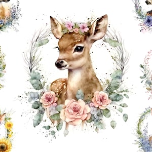 Baby Deer with Flower Wreath Illustrations, 16 High Quality JPGs, Fawn Digital Paper, Spring Watercolor Cliparts, Digital Crafting